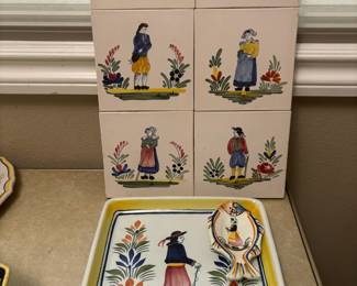 Henriot & HB Quimper Hand Painted Pottery Platter, Spoon Rest, 6 Tiles - Made in France