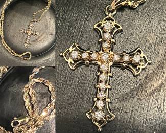 $3250.00 14k yellow gold diamond cross on a substantial 24" long 14k rope chain.  The cross measures 21/4" long from Bale to tip and boasts .84 Total carat weight in diamonds.  They are in the H-J color range and I 1 clarity.  This piece comes with current appraisal for $7172.00