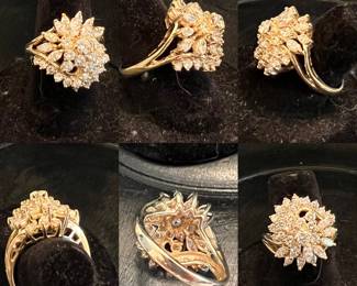 $2100 14k yellow gold 2 carat TW diamond cascade ring.  Size 7. The diamond color is G-H-hI and clarity is SI 2.  (This is complete with a current appraisal valued at $4496.00)