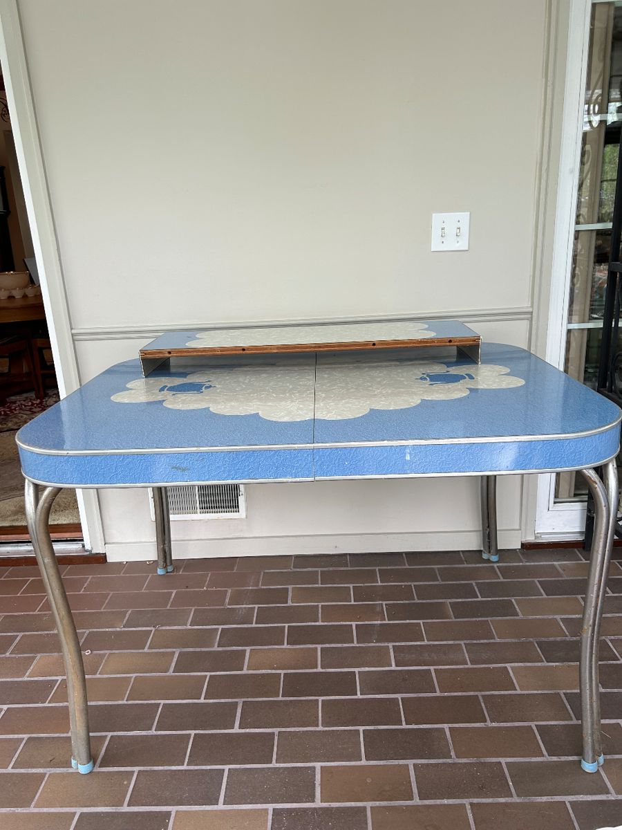  1950's mid century modern formica and chrome kitchen table with inlaid top and leaf