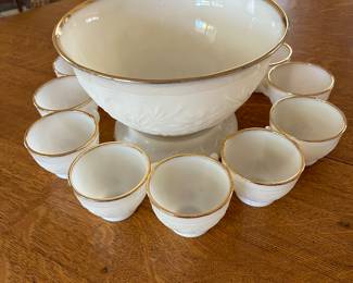 Anchor Hocking Milk Glass Ivory 22K Gold Trim Sandwich Punch bowl set with Stand