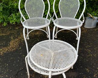 Vintage Pair of Wrought Iron Mesh Garden Armchairs and tables