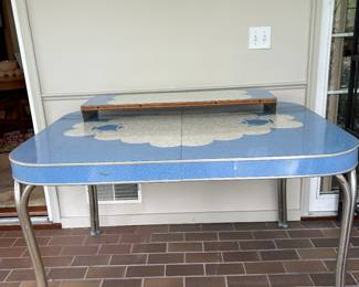  1950's mid century modern formica and chrome kitchen table with inlaid top and leaf