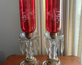 Pair of Vintage Cranberry Glass Etched Boudoir Lamps with Crystal Prisms