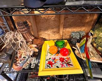 Vintage carved masks, Blown glass veges, Beautiful Ceramic Parrot