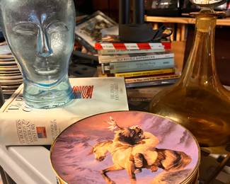 Glass Wig stand, Vintage plates