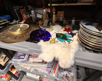 Vintage astrology clock, dishes, decorator plates, speakers