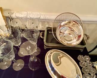 Bread baskets, stemware set and silverplate