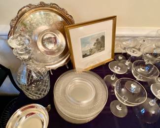 Silverplate, crystal decanters, glass appetizer plate set