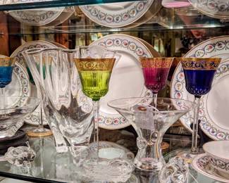 St Louis Crystal Wine Glasses, Haviland 47 Piece Fine China Set, Steuben Vase
