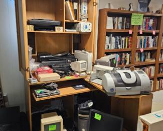 Computer Cabinet w/Side Slide Table & Vtg. Apple Computers/Printers ETC