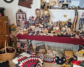 This is our 4th of July Area!! There is also 3-4 Quilts . Vtg. Ties in the basket to left/Floor