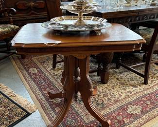 Love this Walnut Victorian Table - in good condition. Notice our beautiful rugs. Sizes provided. Great silver serving pieces
