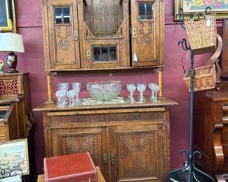 Beautiful Oak Buffet. One of a kinds. Look at our vintage luggage.