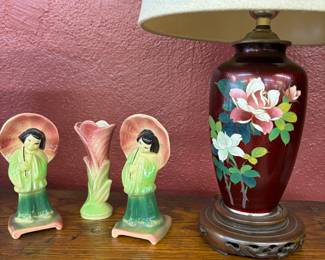 Love these Japenese Figures and Blood Red Hand Painted Japanese Lamps