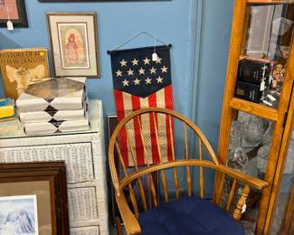 Nice approx 100 year old windsor rocking chair. P Buckley Moss numbered prints.
