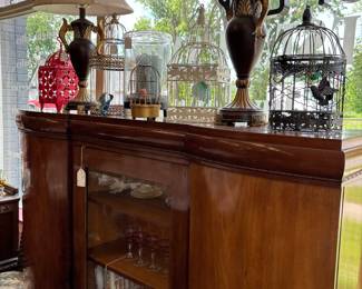 Wonderful Bird Cages, Lamps and our beautiful curio cabinet bookcase. MCM Design. Excellent condition.