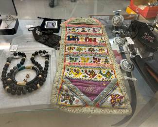 Black Onyx Necklace and Bracelet from Jareds. Needle work bag from Indian, Beaded coin purses
