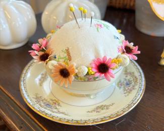 Tea Cup Collection; pin cushions, gnomes, tiered serving pieces. Great Gifts. Local Artist