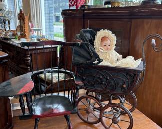 Look at this doll buggy and Windsor Chair