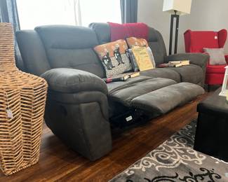 Timberland Reclining Sofa, Large Woven Vase, IKEA Strandmon Chair B