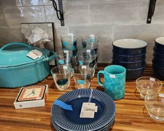Ikea Blue Stoneware Plates, Various cups and mugs, 	Royal Norfolk cereal bowls