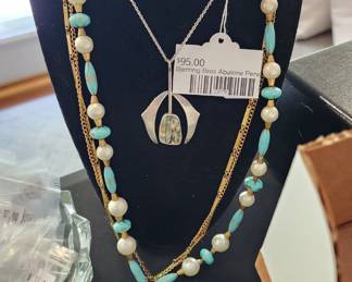 Vintage Pearl/Blue Beaded Drop Necklace, Bjerring Bros Abalone Pendant