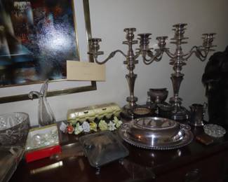 Silver plate candelabra and other pieces.