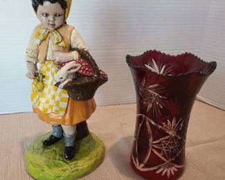 Cranberry color vase 6 inches tall and a handmaid girl with bunny in a basket.