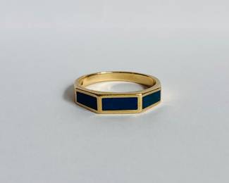 14 karat gold ring with three matte blue stones