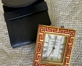 Halcyon Days Bilston Enamel Travel Alarm Clock in case