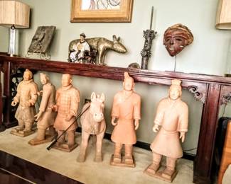 Lovely view of Cement SUMARI Soldiers & Horse in front of solid mahogany Asian  Altar