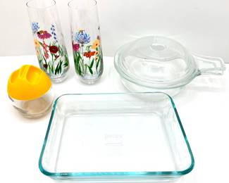 Pyrex Baking Casserole Dishes, 1 With Cover, Pyrex Egg Cooker & 2 Hand Painted Glasses
Lot #: 145