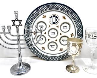 Judaica: Unused Italian Miriam's Cup With Silver Letters, Menorah, Kiddish Cup & Melamine Seder Plate
Lot #: 81