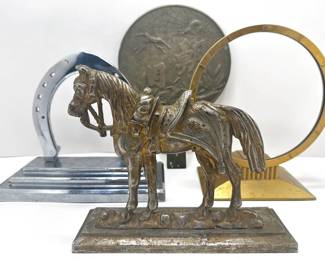 Hand Mirror, Iron Horse Doorstop, Clock Frames & Horseshoe
Lot #: 92