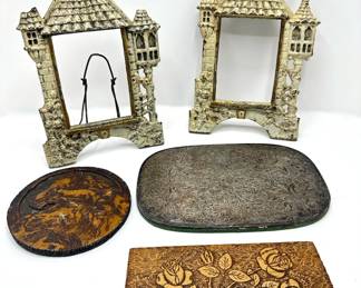 2 Vintage Cast Iron Frames, 2 Wood Carvings & Silverplate Tray
Lot #: 91