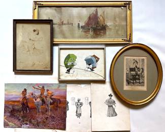 Vintage Art: Framed Watercolor, Cartoon, Signed Drawing, Fashion & Charles M. Russell Native American Prints
Lot #: 104