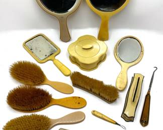 Antique & Vintage Vanity Items, Some Bakelite: Mirrors, Brushes, Powder Container & More
Lot #: 69