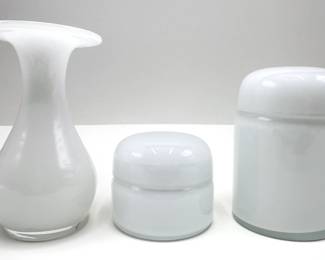Set Vintage Polish Hand Blown White Glass Covered Canisters & Vase, Unused
Lot #: 35