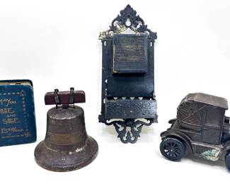 Antique Cast Iron Wall Mount Match Holder & 3 Coin Banks: Banthrico Ford Car, Book & Bell
Lot #: 127