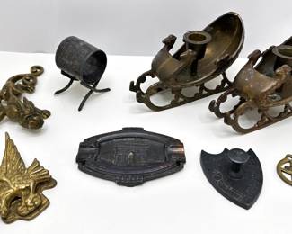 Antique & Vintage Sleigh Candle Sticks, Eagle Clip, Belt Buckle, Napkin Holder & More, Cast Iron & Bronze
Lot #: 39