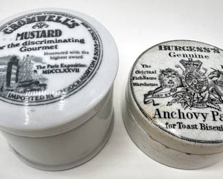 2 Vintage British Porcelain Condiment Canisters: Cromwell's Mustard & Burgess's Genuine Anchovy Paste
Lot #: 80