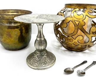 Hammered Copper Bucket, Indian Candle Pedestal, Pier 1 Imports Candle Holder & 2 Vintage Silverplate Spoons
Lot #: 82