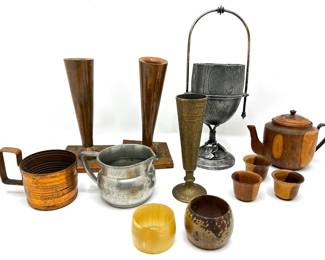 Vintage Copper, Pewter & Wood Creamers, Candle Sticks, Cup, Napkin Rings & More
Lot #: 90