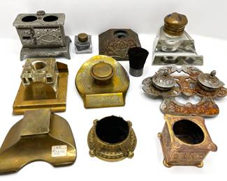 Vintage Ink Wells, Brushes & Ink Bottle, Mostly Bronze
Lot #: 37