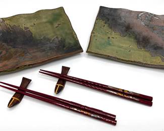 2 Hand-made Japanese Sushi Trays With Mother- Of-pearl Inlaid Chopsticks & Carved Wood Chopstick Holders
Lot #: 55