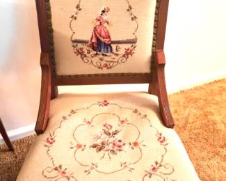 Antique Needlepoint Chair With Female Figure              
 See Matching Male Figure Chair