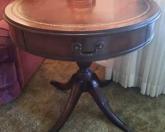 1950's Drum Table With Stenciled Leather Top And Pull Out Drawer