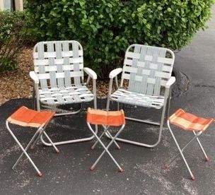 Vintage Aluminum Webbed Folding Lawn Chairs And Portable Camping Stools