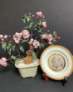 Vintage Glass Bonsai Cherry Blossom Tree, Chokin Plate with Stand
